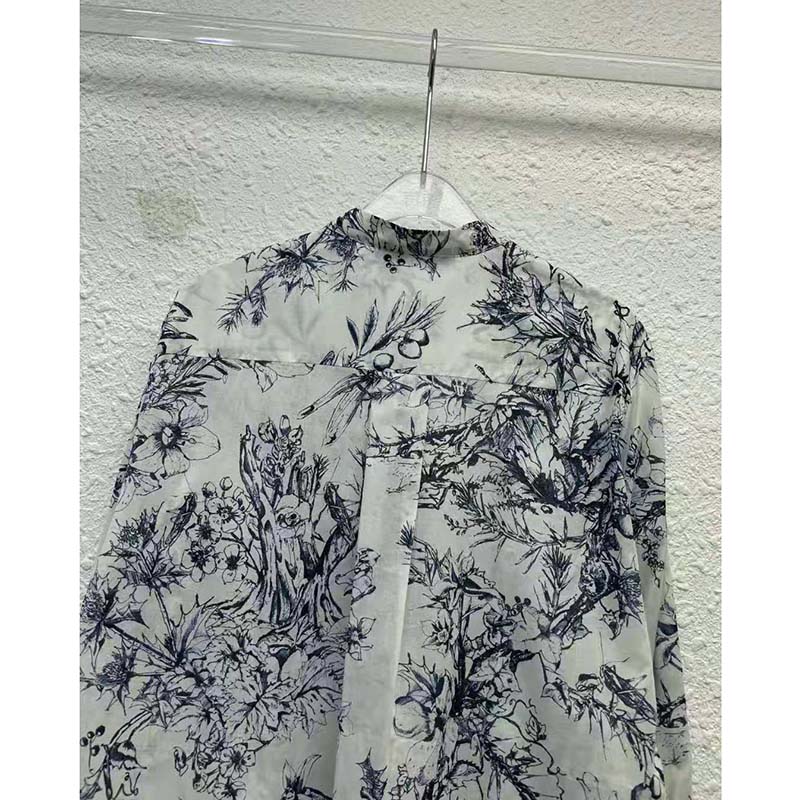 Dior Women Long Blouse Navy Blue Cotton Voile Bees Flowers