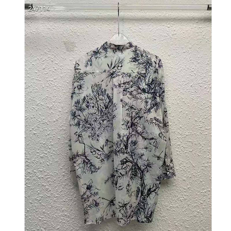 Dior Women Long Blouse Navy Blue Cotton Voile Bees Flowers