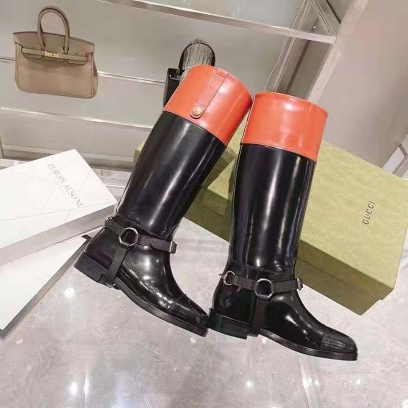 Gucci GG Women Knee-High Boot Harness Black Brown Leather Interlocking G