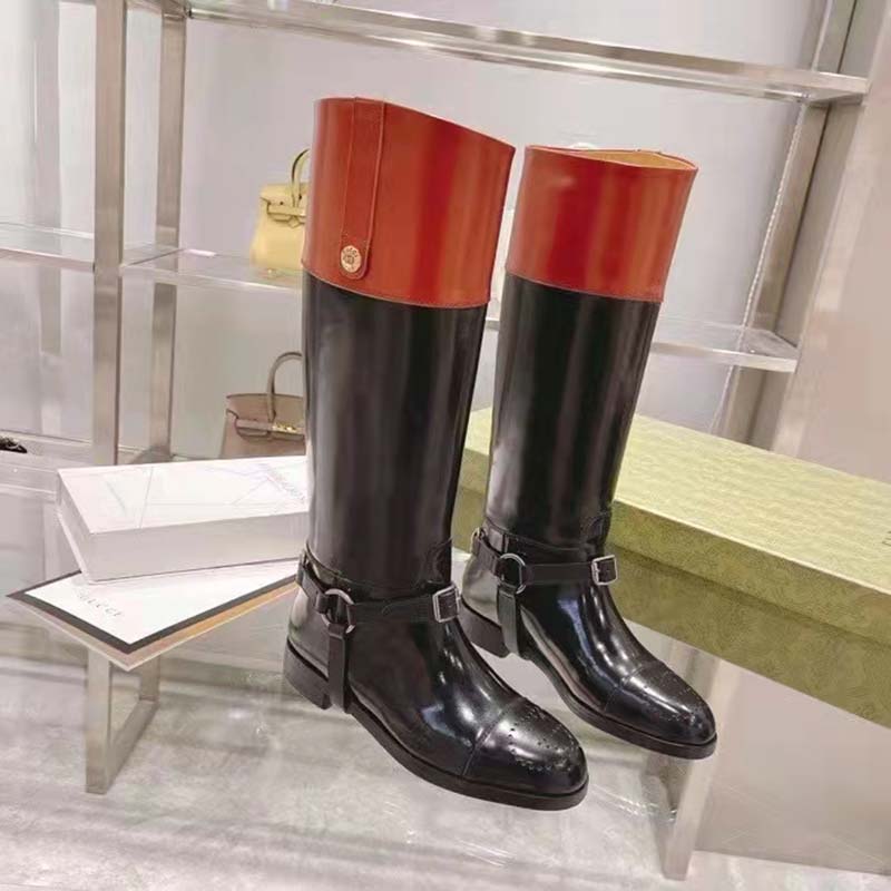 Gucci GG Women Knee-High Boot Harness Black Brown Leather Interlocking G