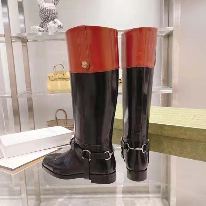 Gucci GG Women Knee-High Boot Harness Black Brown Leather Interlocking G
