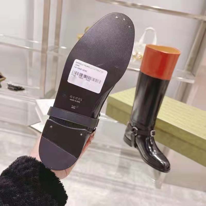 Gucci GG Women Knee-High Boot Harness Black Brown Leather Interlocking G