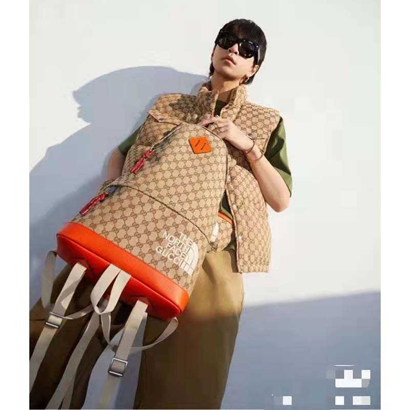 Gucci Unisex The North Face x Gucci Backpack Beige Original GG Canvas Orange Leather