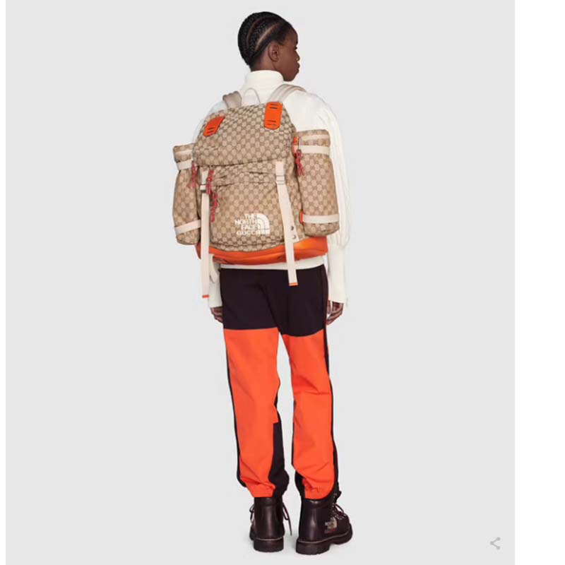 Gucci Unisex The North Face x Gucci Backpack Beige Original GG Canvas Orange Leather