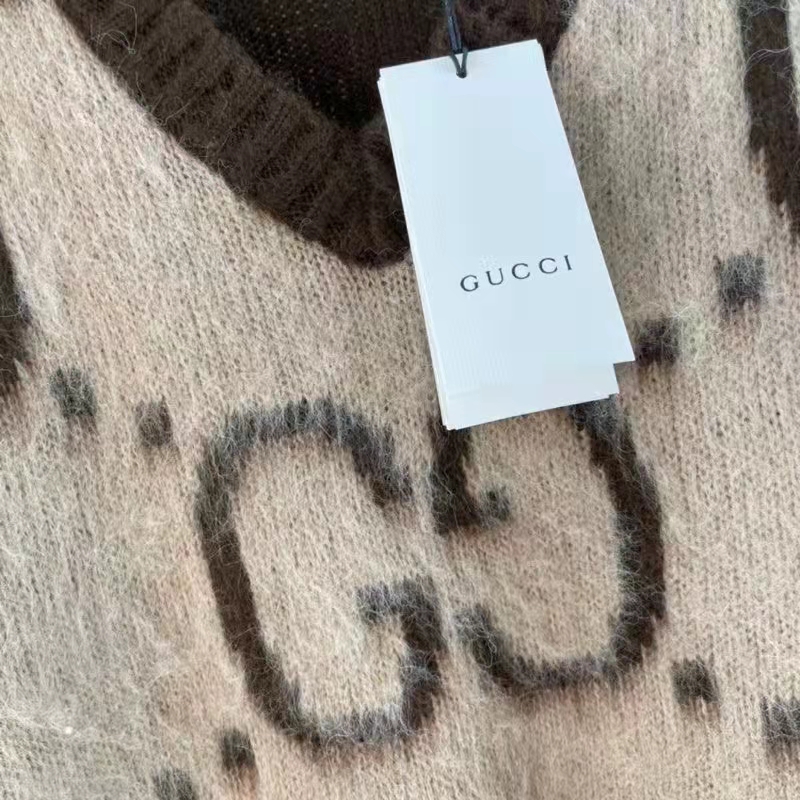 Gucci Men GG Mohair Wool V-Neck Sweater Beige Brown