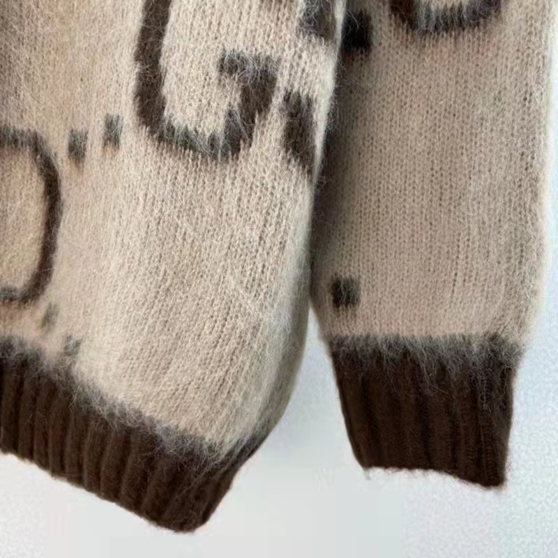 Gucci Men GG Mohair Wool V-Neck Sweater Beige Brown