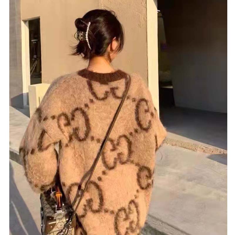 Gucci Women GG Mohair Wool V-Neck Sweater Beige Brown