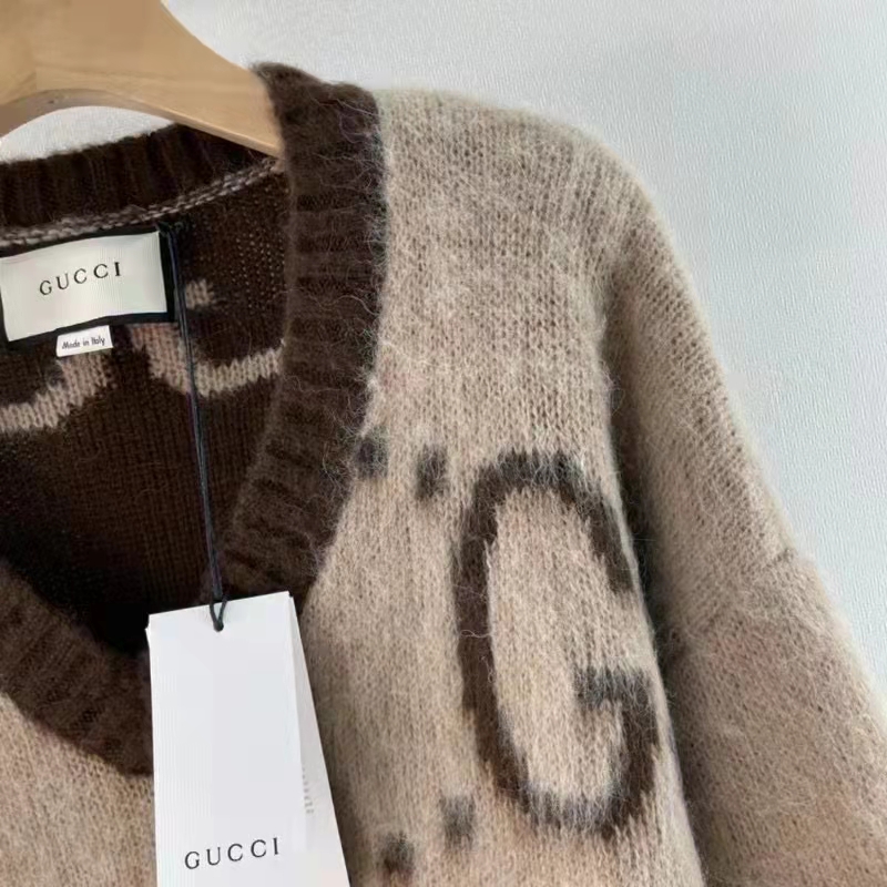 Gucci Men GG Mohair Wool V-Neck Sweater Beige Brown