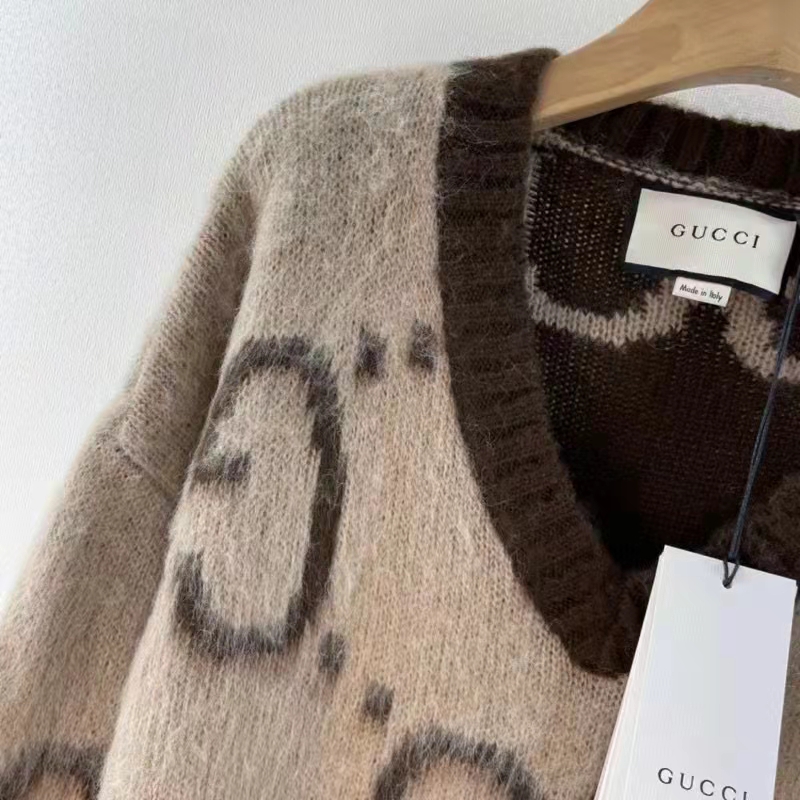 Gucci Men GG Mohair Wool V-Neck Sweater Beige Brown