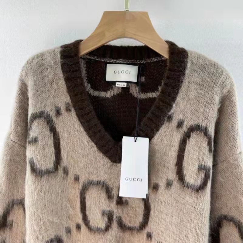 Gucci Men GG Mohair Wool V-Neck Sweater Beige Brown