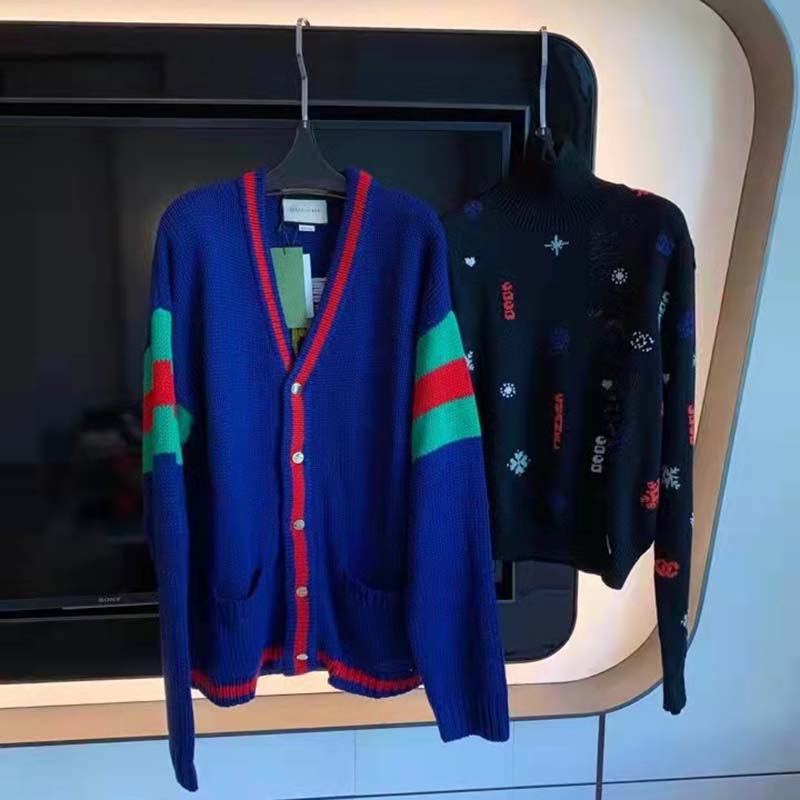 Gucci GG Men Gucci 100 Wool Cardigan Blue Wool Green Red V-Neck