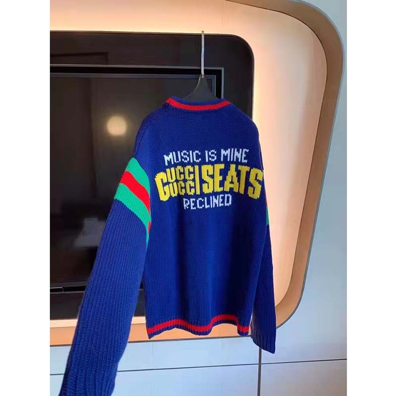 Gucci GG Men Gucci 100 Wool Cardigan Blue Wool Green Red V-Neck