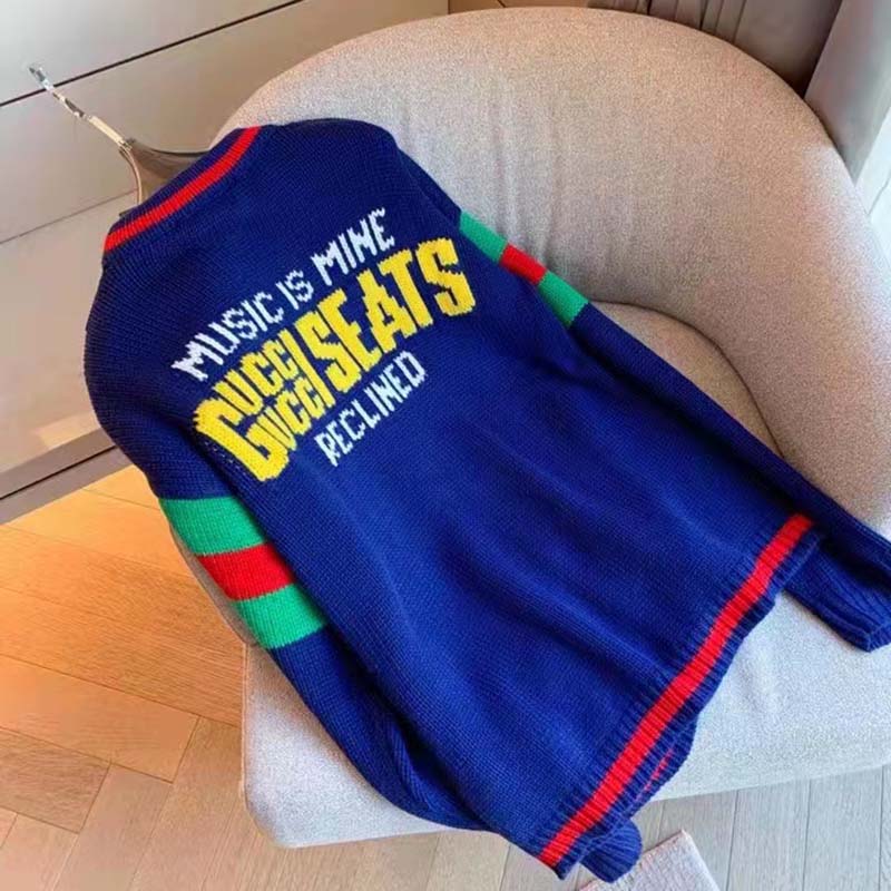Gucci GG Men Gucci 100 Wool Cardigan Blue Wool Green Red V-Neck