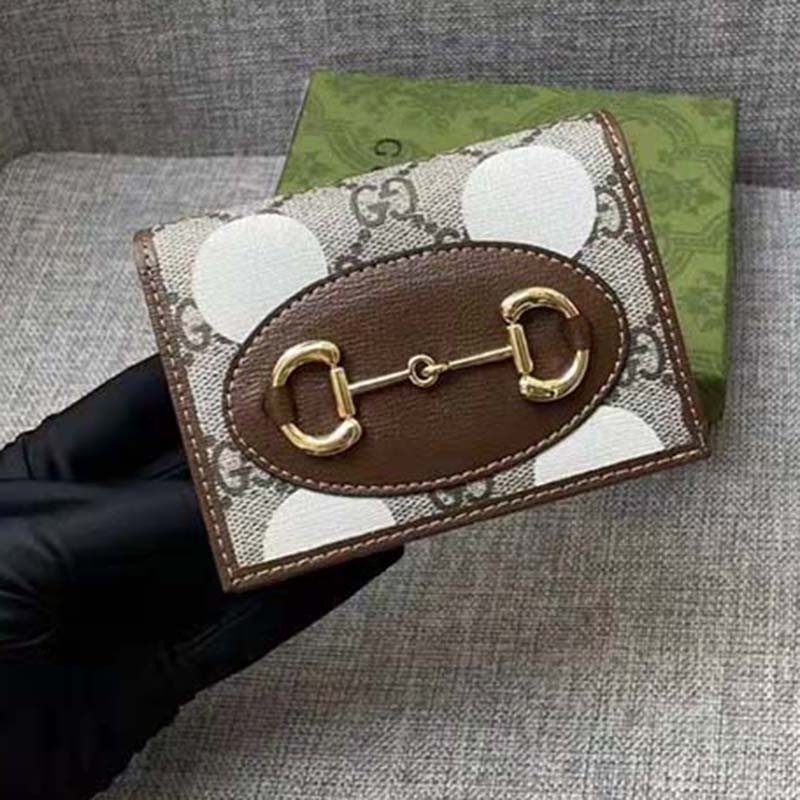 Gucci Men Horsebit 1955 Card Case Wallet Beige Ebony GG Supreme Canvas