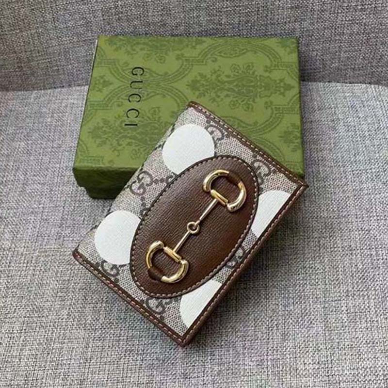 Gucci Men Horsebit 1955 Card Case Wallet Beige Ebony GG Supreme Canvas