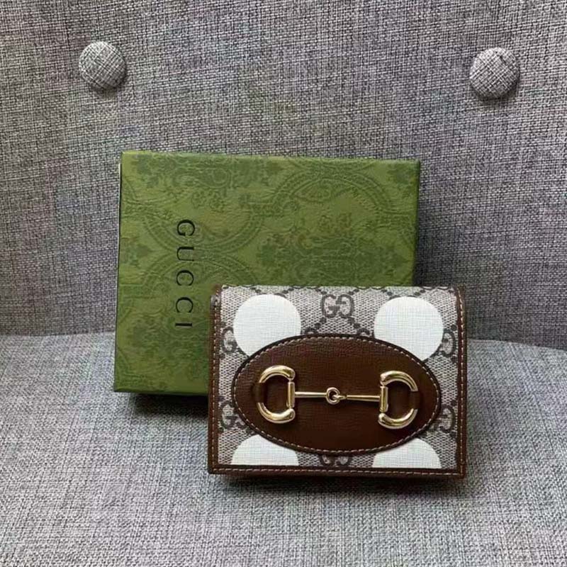 Gucci Men Horsebit 1955 Card Case Wallet Beige Ebony GG Supreme Canvas