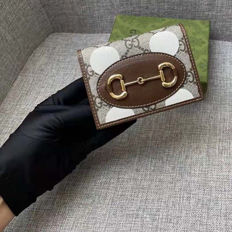 Gucci Men Horsebit 1955 Card Case Wallet Beige Ebony GG Supreme Canvas