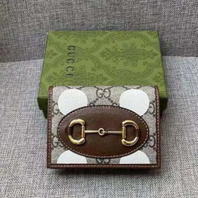 Gucci Men Horsebit 1955 Card Case Wallet Beige Ebony GG Supreme Canvas