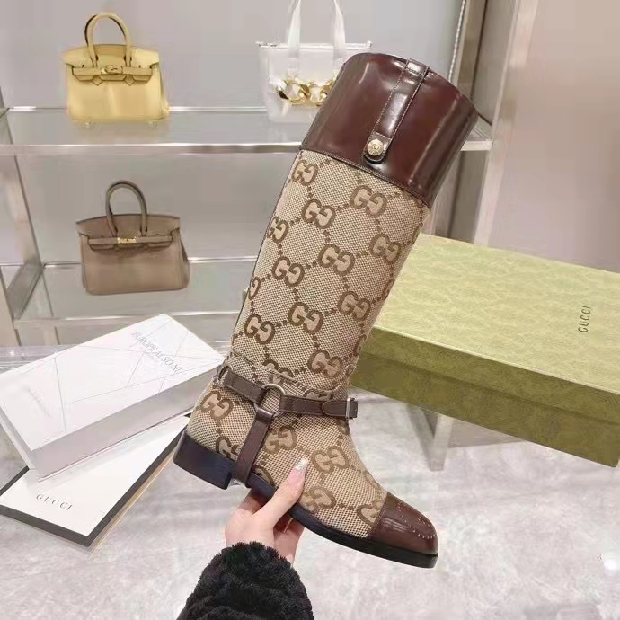 Gucci Women Knee-High Boot Harness Beige Ebony Maxi GG Canvas Interlocking G