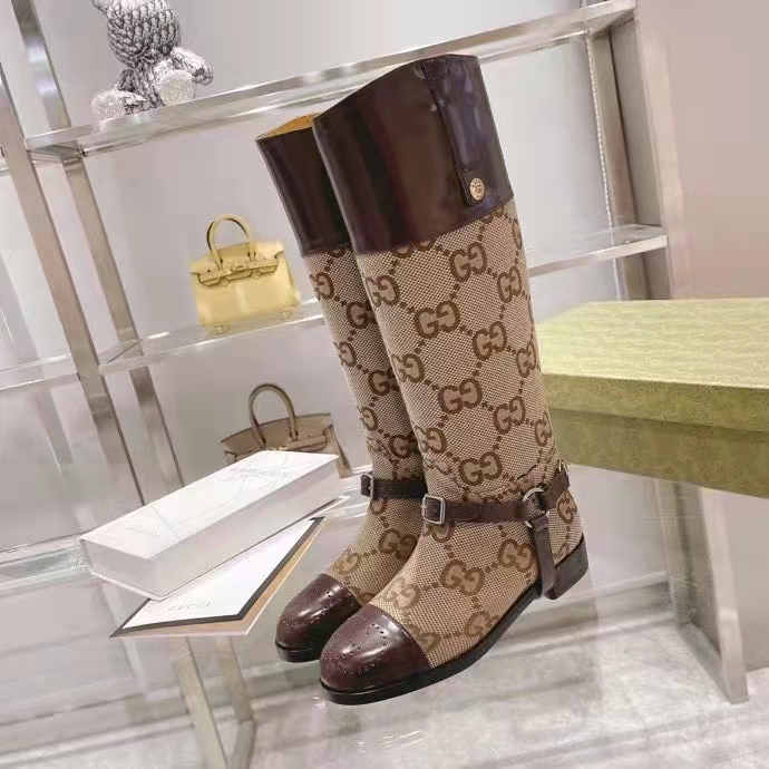 Gucci Women Knee-High Boot Harness Beige Ebony Maxi GG Canvas Interlocking G