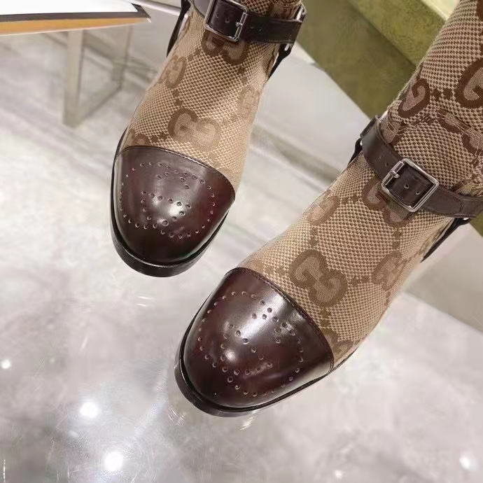 Gucci Women Knee-High Boot Harness Beige Ebony Maxi GG Canvas Interlocking G