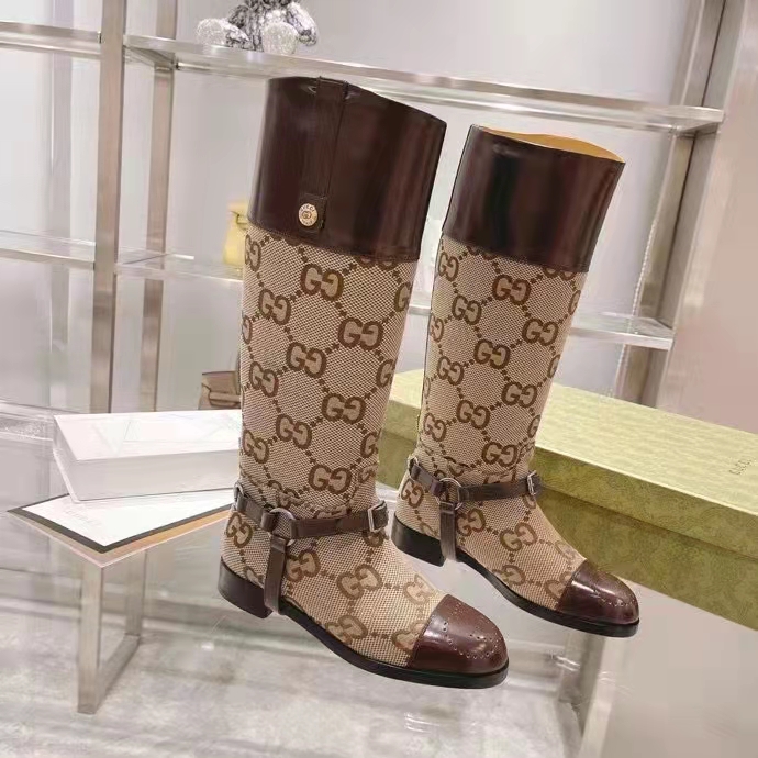 Gucci Women Knee-High Boot Harness Beige Ebony Maxi GG Canvas Interlocking G