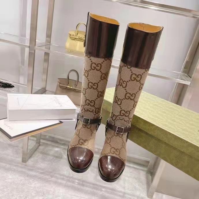 Gucci Women Knee-High Boot Harness Beige Ebony Maxi GG Canvas Interlocking G