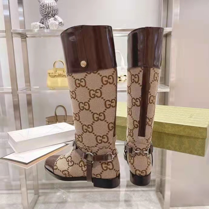 Gucci Women Knee-High Boot Harness Beige Ebony Maxi GG Canvas Interlocking G