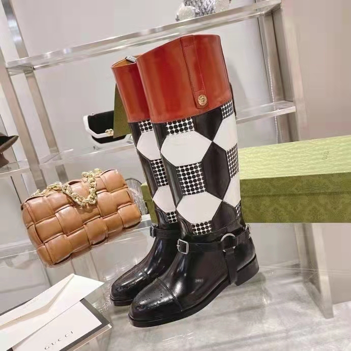Gucci Women Knee-High Optical Print Boot Black Brown Leather Interlocking G