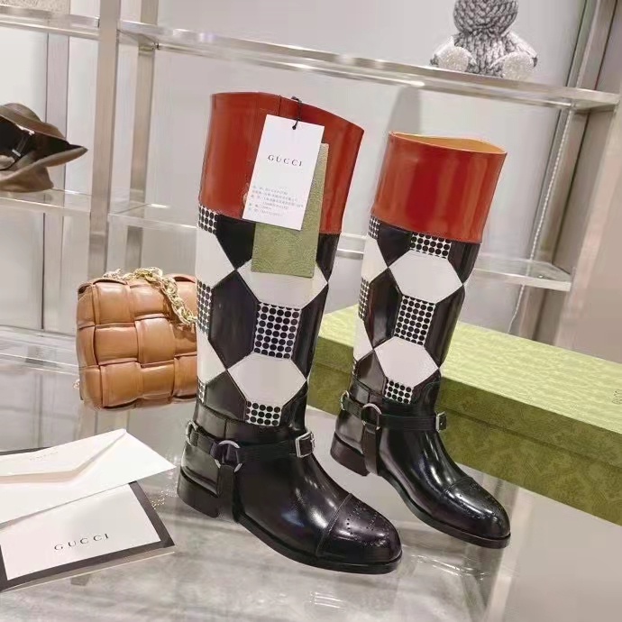 Gucci Women Knee-High Optical Print Boot Black Brown Leather Interlocking G