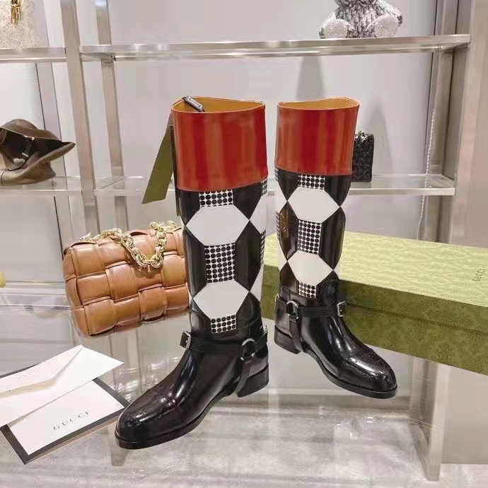 Gucci Women Knee-High Optical Print Boot Black Brown Leather Interlocking G