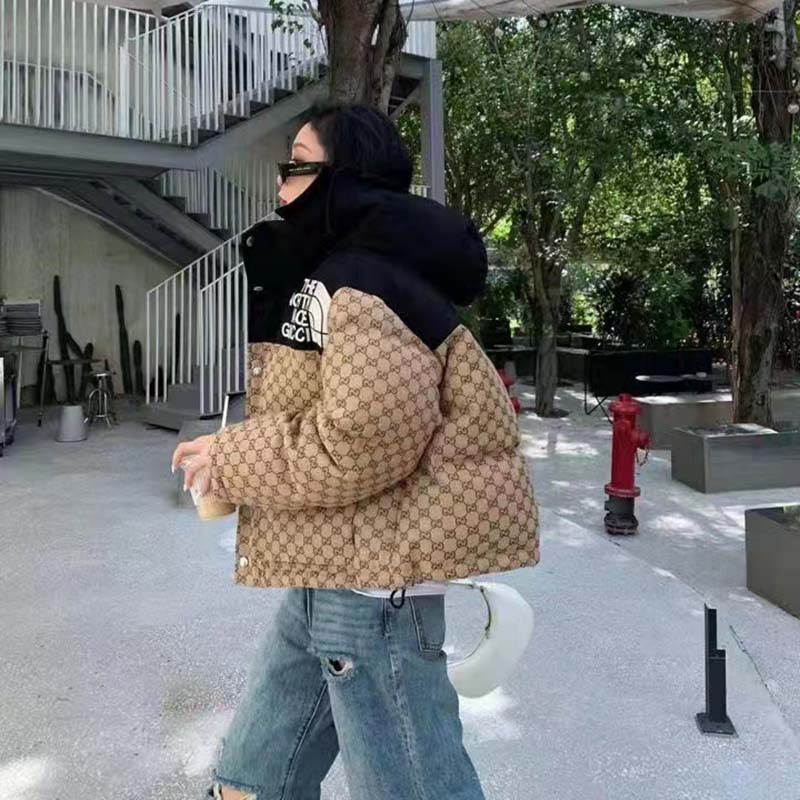 Gucci Women The North Face x Gucci Padded Jacket Beige Ebony GG Canvas