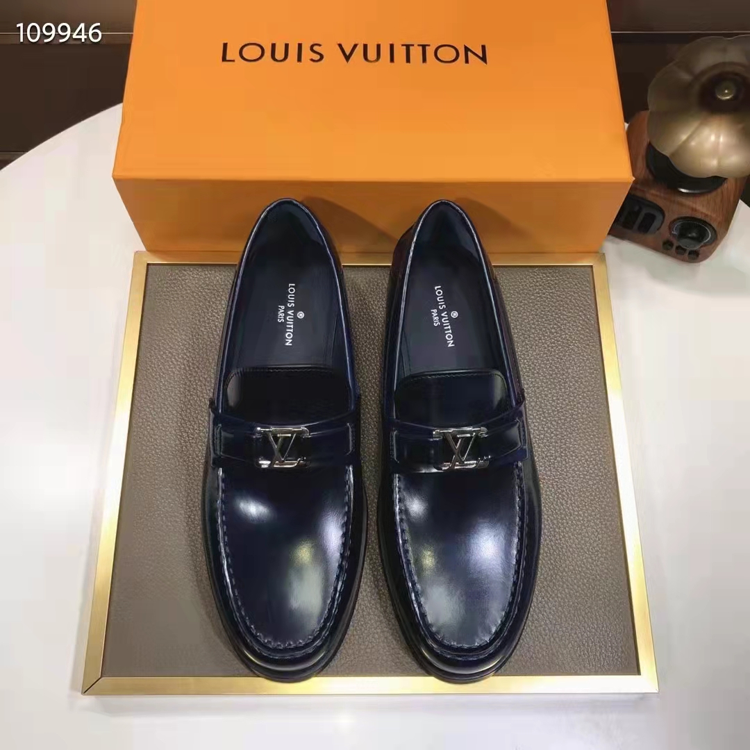 Louis Vuitton LV Men Major Loafer Navy Blue Glazed Calf Monogram Canvas