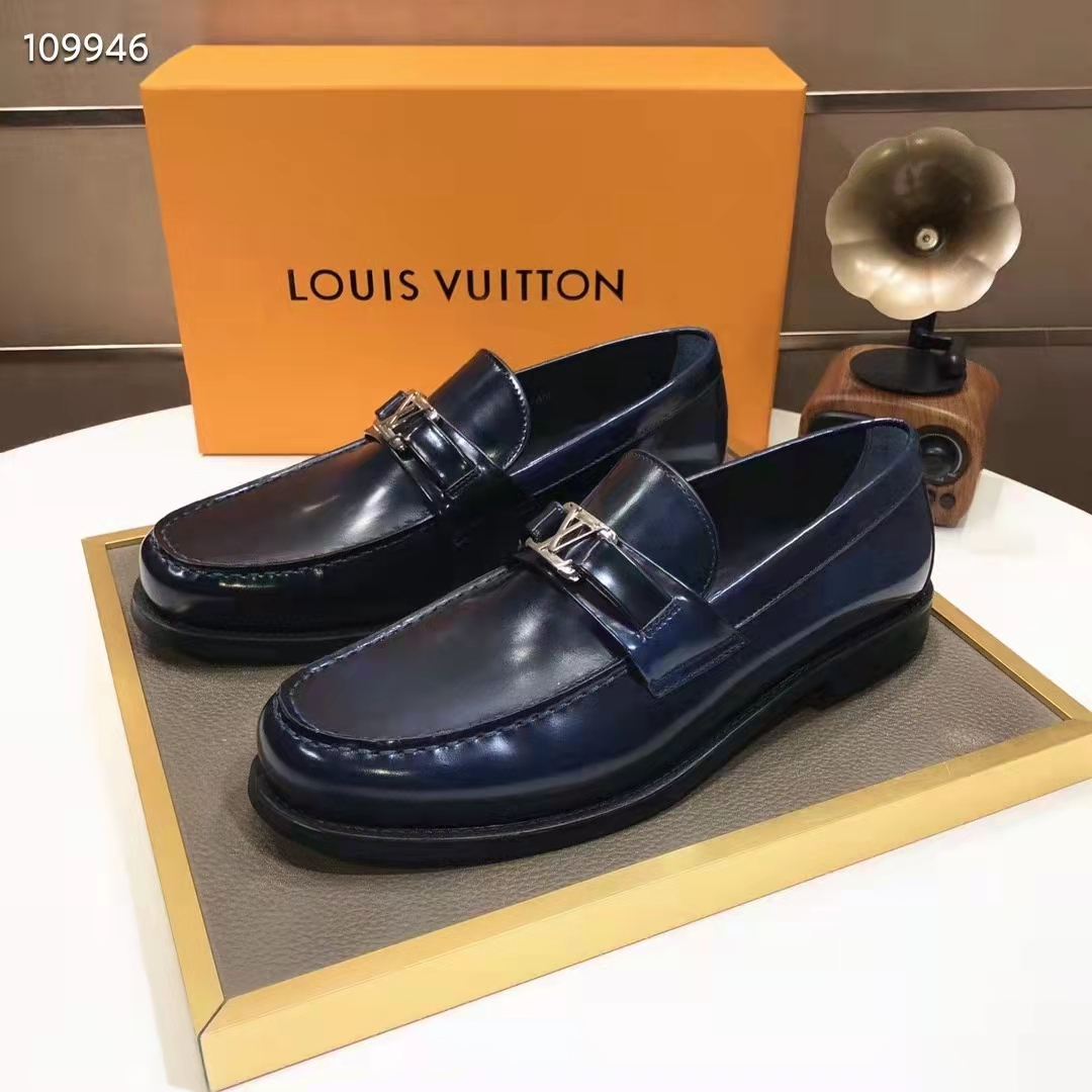 Louis Vuitton LV Men Major Loafer Navy Blue Glazed Calf Monogram Canvas