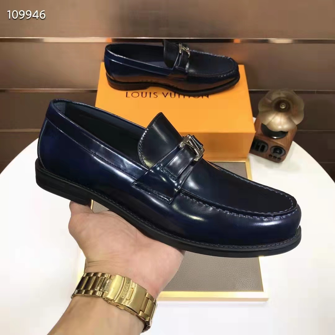 Louis Vuitton LV Men Major Loafer Navy Blue Glazed Calf Monogram Canvas