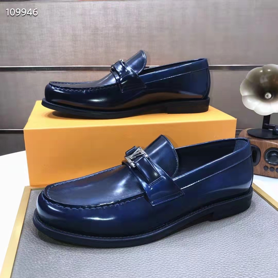 Louis Vuitton LV Men Major Loafer Navy Blue Glazed Calf Monogram Canvas