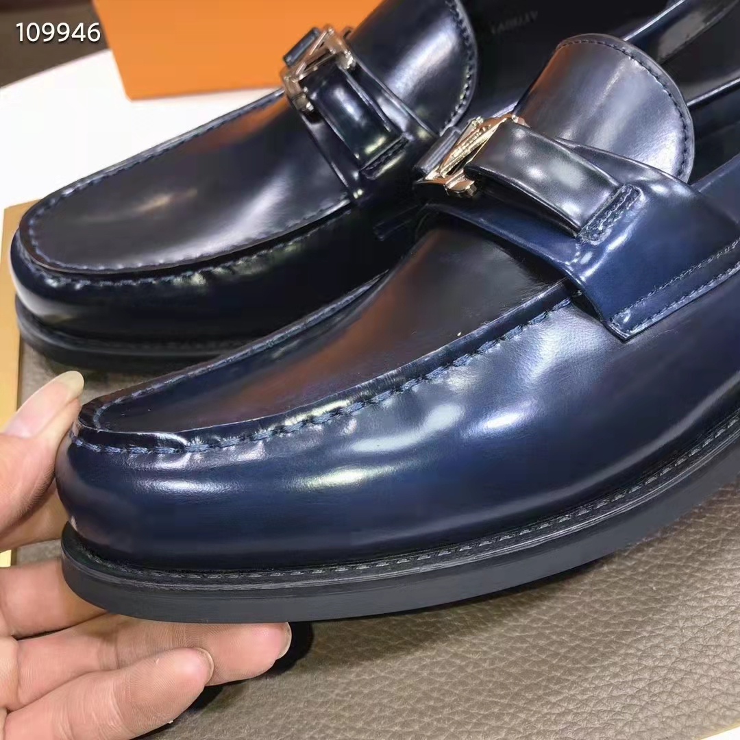 Louis Vuitton LV Men Major Loafer Navy Blue Glazed Calf Monogram Canvas