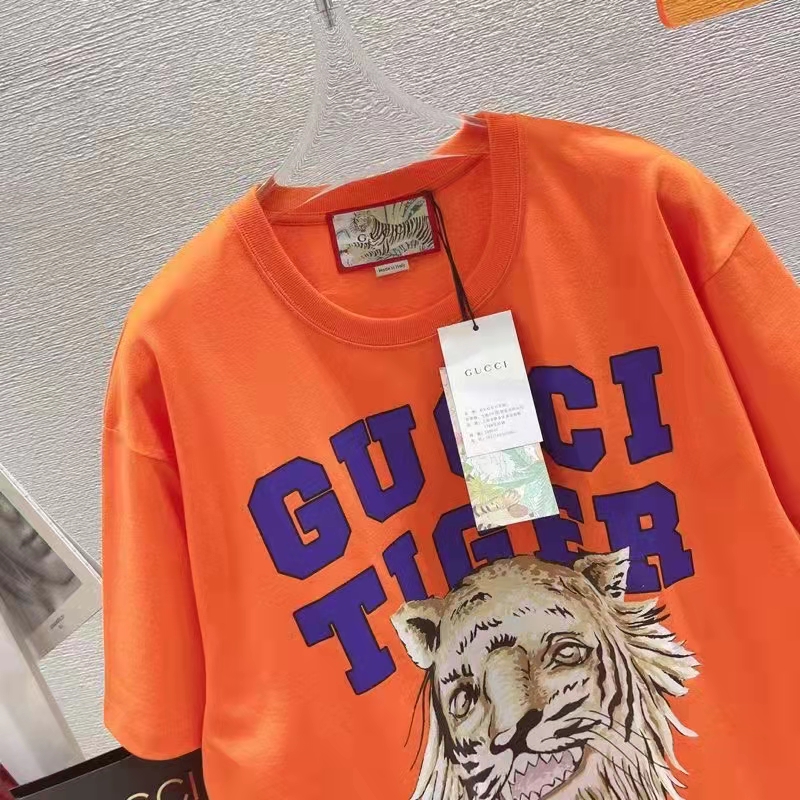 Gucci GG Men Gucci Tiger Cotton T-Shirt Orange Jersey Crewneck