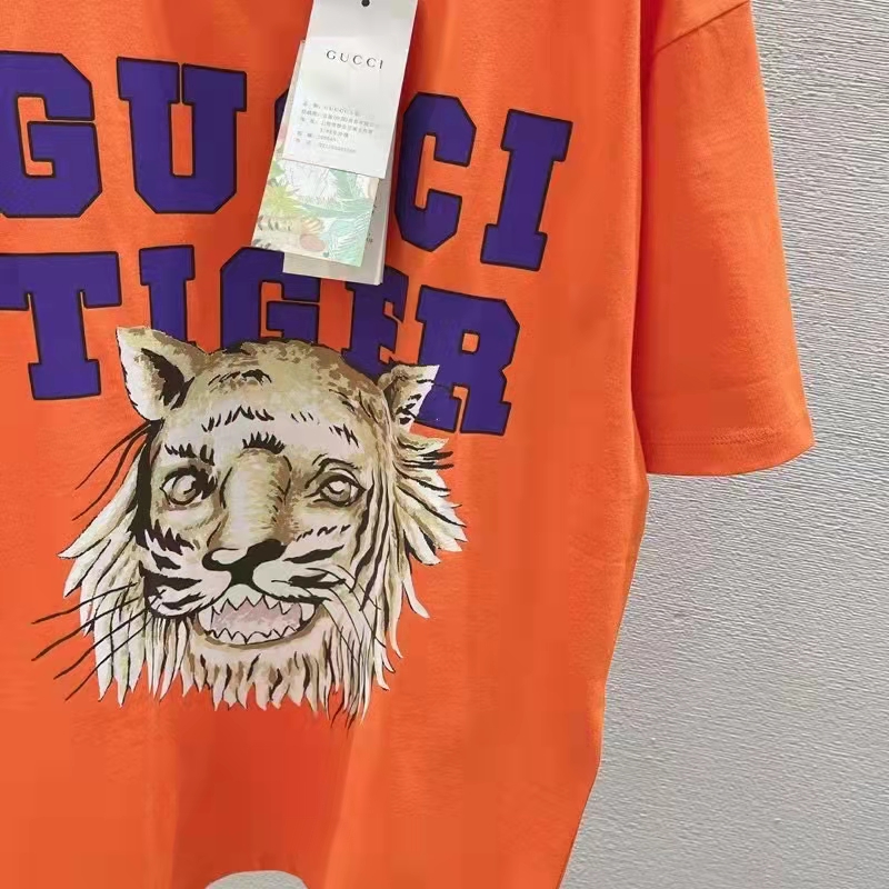 Gucci GG Men Gucci Tiger Cotton T-Shirt Orange Jersey Crewneck