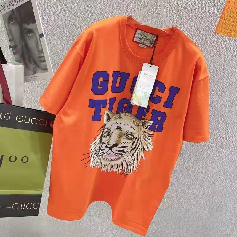 Gucci GG Men Gucci Tiger Cotton T-Shirt Orange Jersey Crewneck