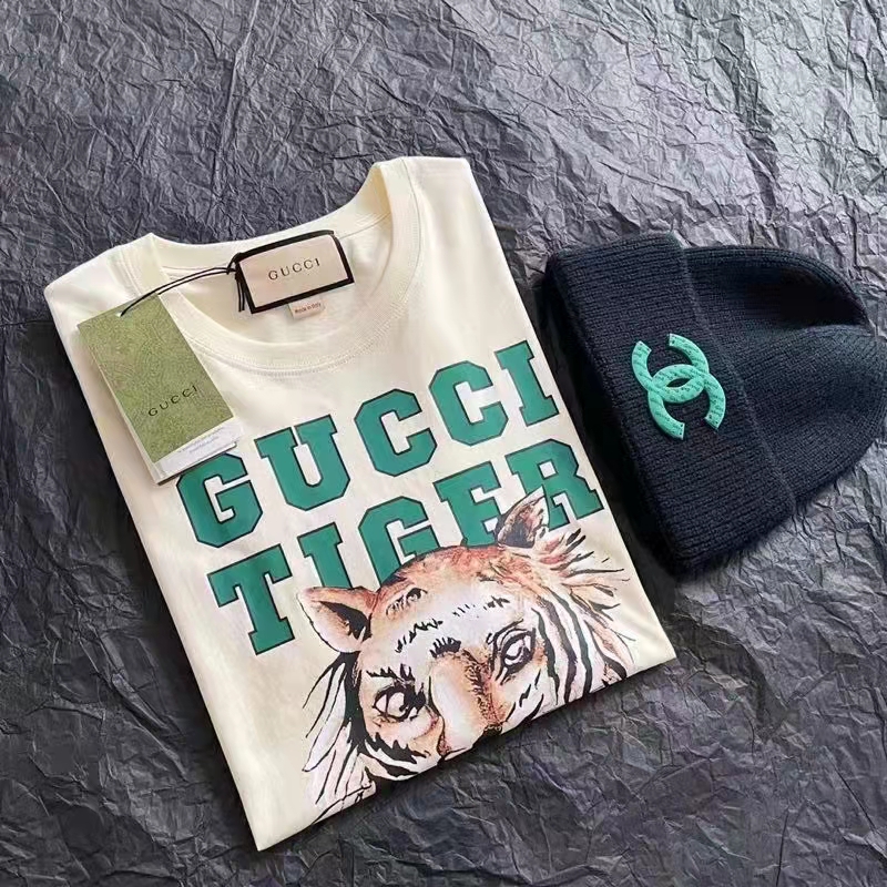 Gucci GG Men Gucci Tiger Cotton T-Shirt White Cotton Jersey Crewneck