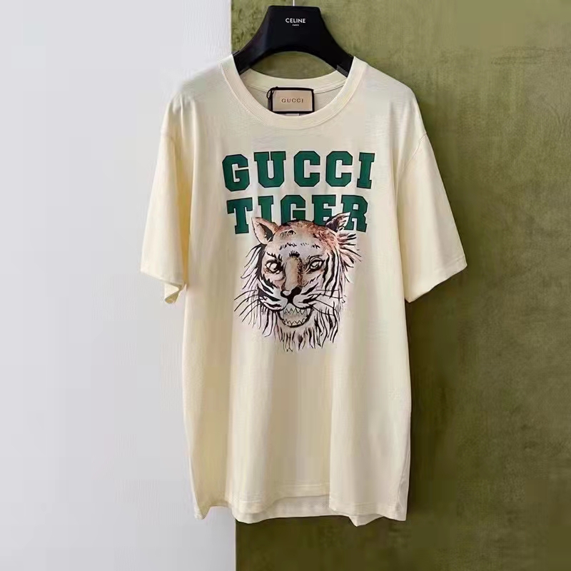 Gucci GG Men Gucci Tiger Cotton T-Shirt White Cotton Jersey Crewneck