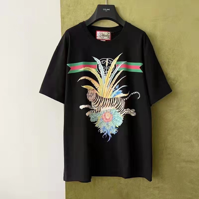 Gucci GG Women Gucci Tiger Flower T-shirt Black Cotton Jersey Crewneck