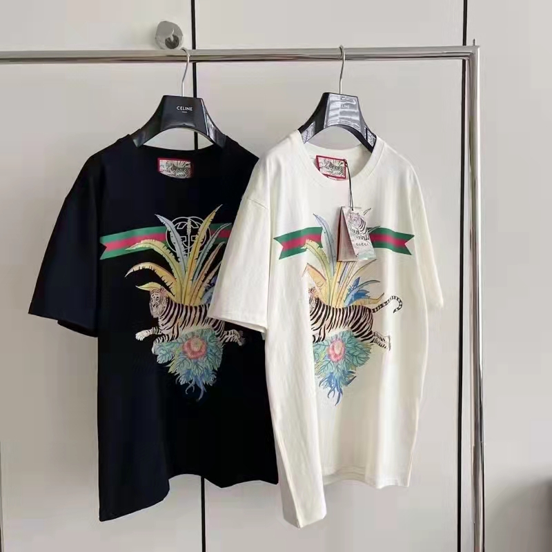 Gucci GG Women Gucci Tiger Flower T-shirt Black Cotton Jersey Crewneck