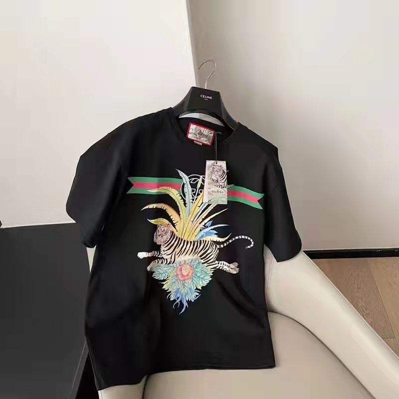 Gucci GG Women Gucci Tiger Flower T-shirt Black Cotton Jersey Crewneck