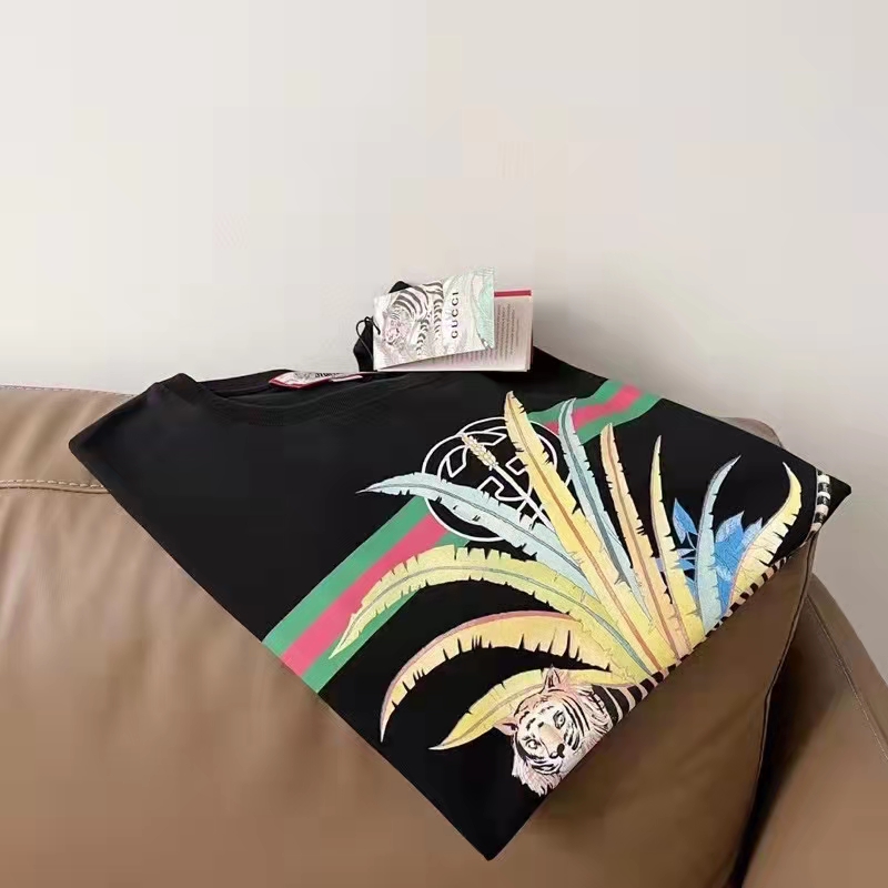 Gucci GG Women Gucci Tiger Flower T-shirt Black Cotton Jersey Crewneck