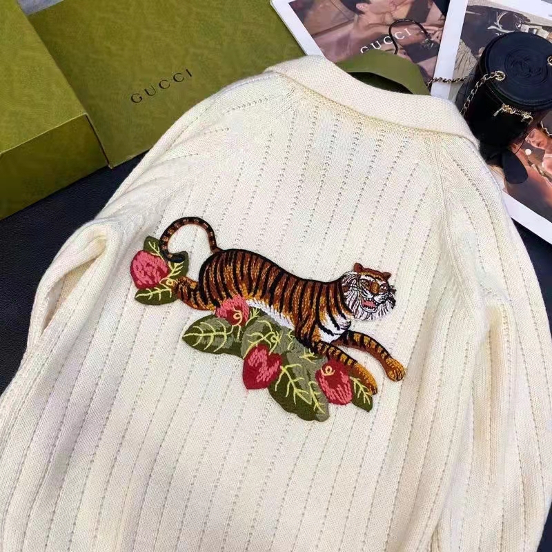 Gucci GG Men Gucci Tiger Knit Sweater Patch Wool Cotton Tiger Flower