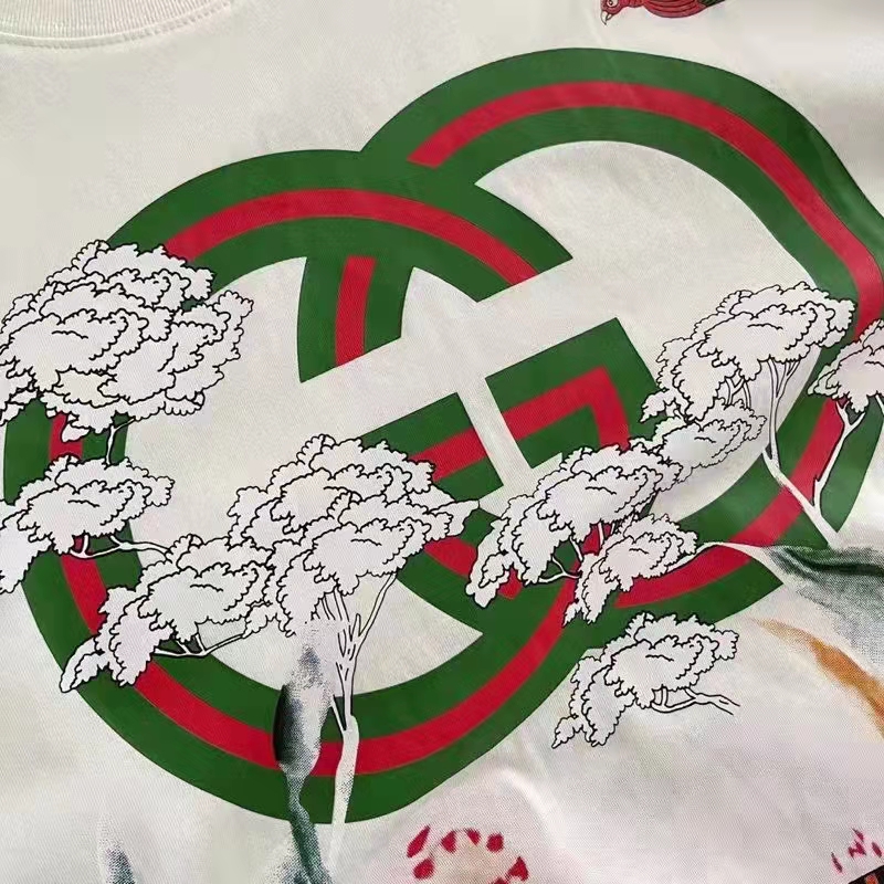 Gucci GG Women Tiger Flower Interlocking G T-Shirt Off-White Cotton Jersey Crewneck Oversize Fit