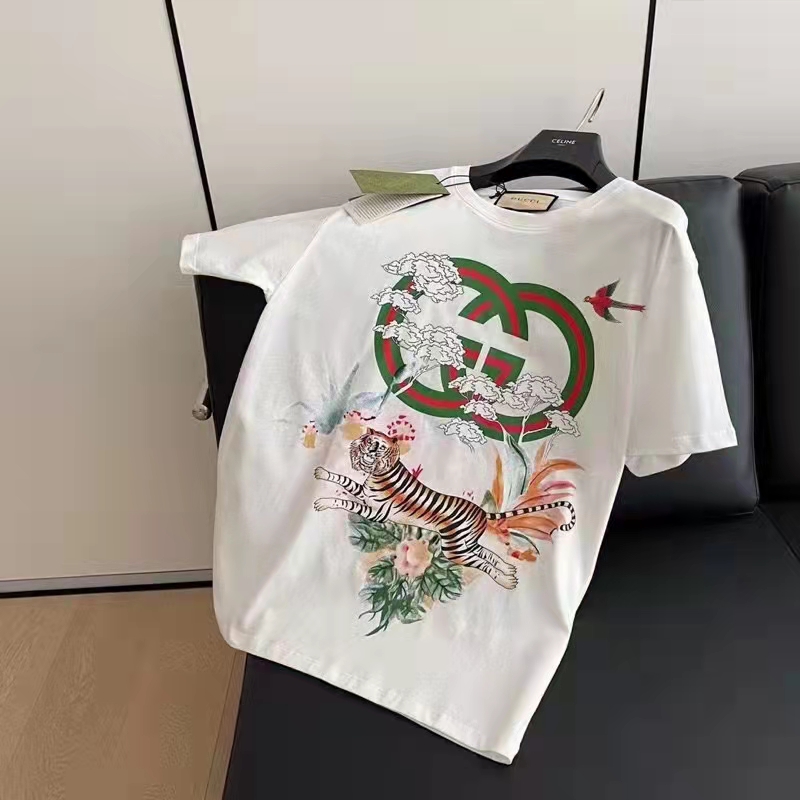 Gucci GG Women Tiger Flower Interlocking G T-Shirt Off-White Cotton Jersey Crewneck Oversize Fit