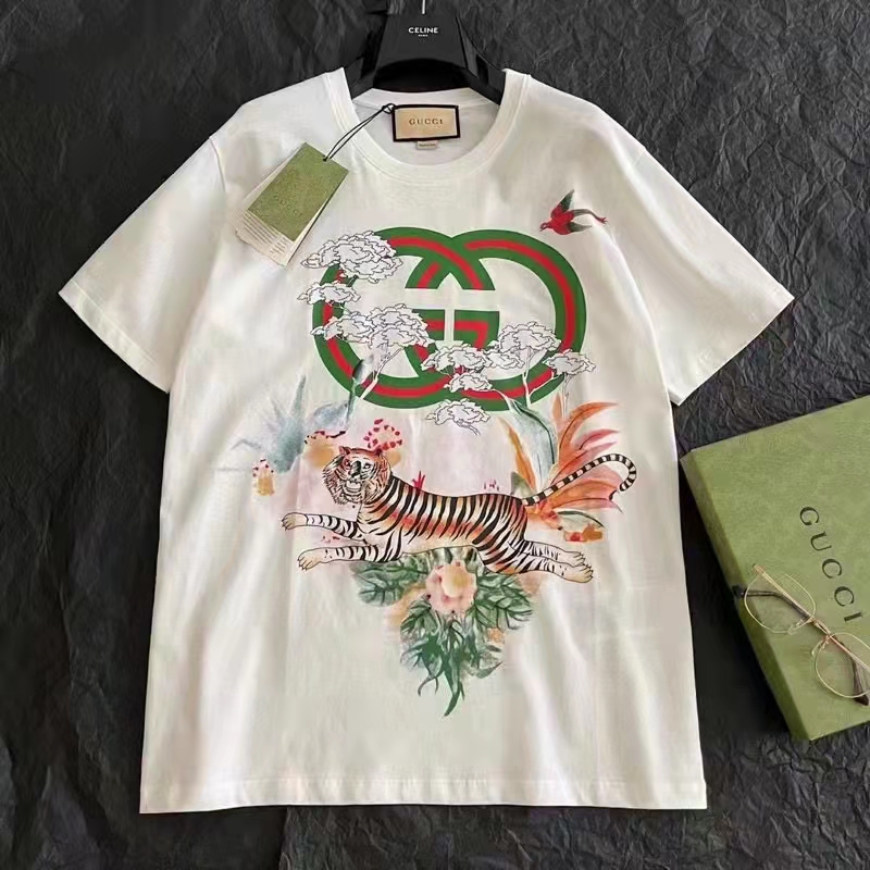 Gucci GG Women Tiger Flower Interlocking G T-Shirt Off-White Cotton Jersey Crewneck Oversize Fit